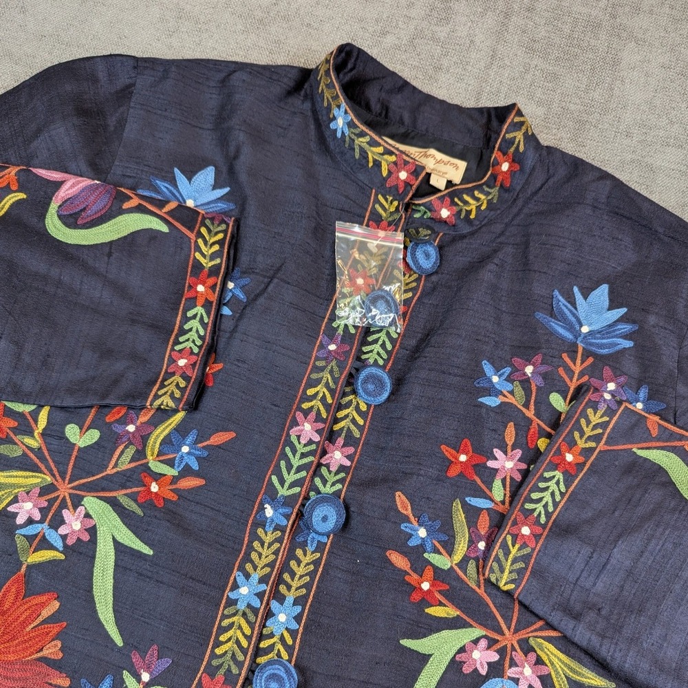 Norm Thompson Jacket Womens L Embroidered Silk Floral Mandarin Collar Vintage